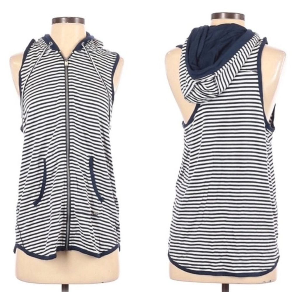 Tommy Hilfiger sport navy blue and white striped hooded athletic zip up vest.